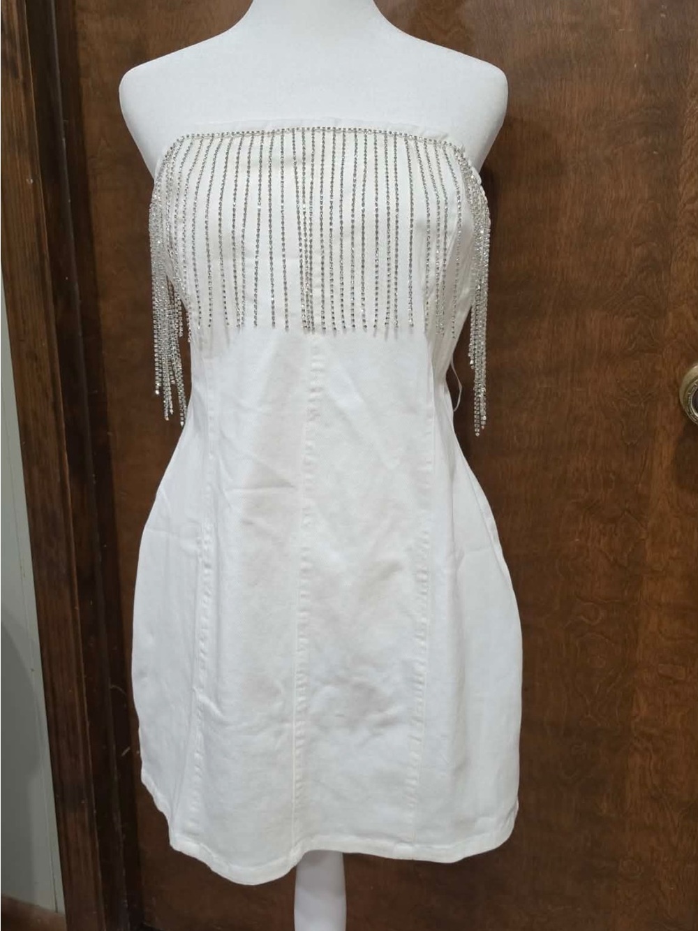 White Strapless Mini Denim Dress with Rhinestone Fringe